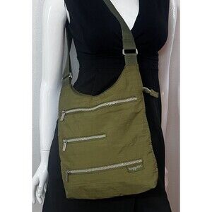 Baggallini Triple Front Zip Crossbody Hipster Travel Bag Nylon Army Green